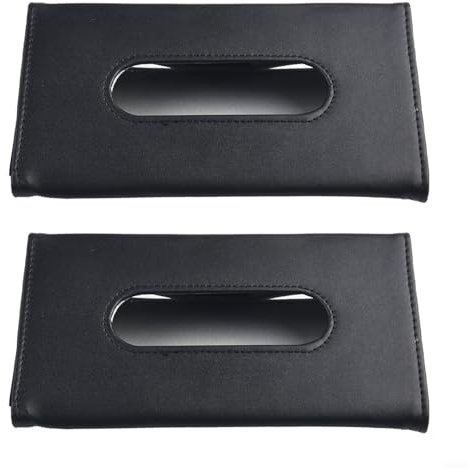 2 Pack Car Sun Visor Tissue Box Holder- PU Leather Napkin Clip Case for Auto SUV Interior- Compact Paper Towel Dispenser Organizer- Black Beige Accessories 9.1x4.7 Inch(Black)