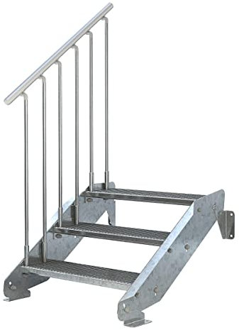Außentreppe 3 Stufen 80 cm Laufbreite - einseitiges Geländer links - Anstellhöhe 42 cm bis 64 cm - Gitterroststufe ST3 - feuerverzinkte Stahltreppe mit 800 mm Stufenlänge - montagefertiger Bausatz