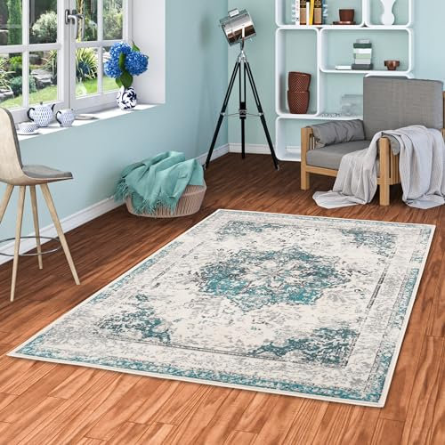 Wohnzimmer Designer Teppich Pop-Vintage Orient Blau Creme in 4 Größen