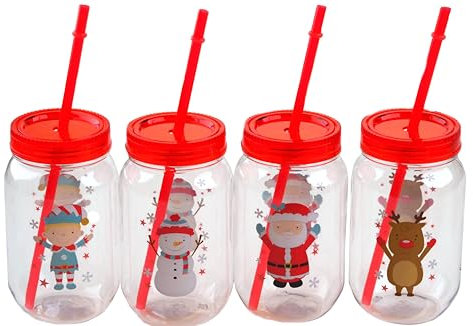 Set of 4 Christmas Plastic Drinking Jars with Lid and Reusable Straw - Green/Red