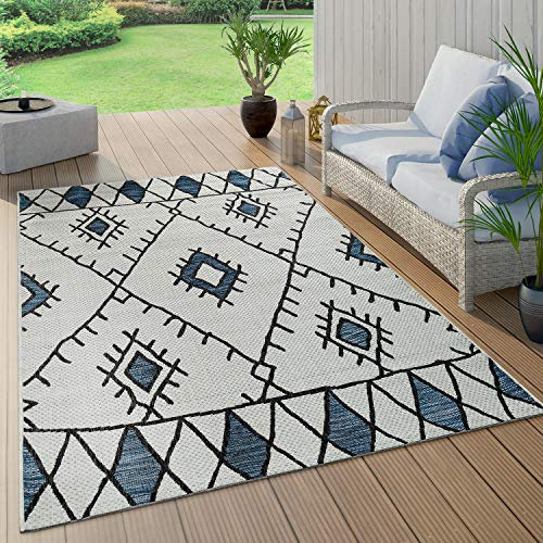 Paco Home In- & Outdoor Teppich Flachgewebe Geometrisch Abstrakt Rauten Design Ethno Blau, Grösse:160x220 cm