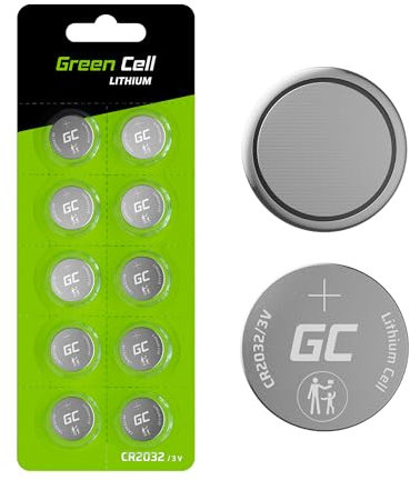 10x Batterie a moneta al litio 3 V Green Cell CR 2032 CR2032 DL2032 ECR2032, Specialistica Elettronica Confezione da 10, per l'Uso su Chiavi con Sensore Magnetico Bilance Elementi Indossabili