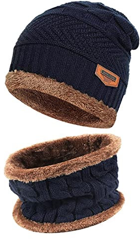 Bequemer Laden Kinder Winter Warm Mütze und Loop Schal Set mit Fleece Gefütterte für 3-8 Jahre Jungen Mädchen, Wintermütze Strickmütze Beanie Schlauchschal Halswärmer Geschenk Weihnachten, Dunkelblau