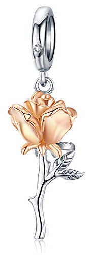 Qings Rose Anhänger Charm Sterling Silber - Rose Vergoldet Blume Charm für Armbänder Halskette, Schmuck Geschenke für Mädchen Frauen