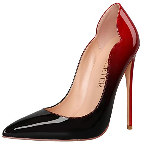 COLETER Sexy Pumps für Damen, spitzer Zehenbereich, 12 cm, Lackleder, Hochzeitskleid, niedliche Stilettos, rot/schwarz, 39 EU