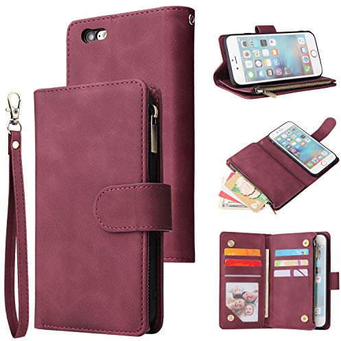 QLTYPRI Case for iPhone 6 iPhone 6S, Large Capacity Leather Wallet Case 6 Card Holder & 1 Zipper Pocket Kickstand Wrist Strap Magnetic Shockproof Phone Cover - Red