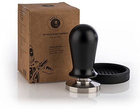 Buddy´s Bar - Barista Edition, Premium Tamper, Kaffee Verdichter Ø 51 mm Base, H: 10 cm, rostfreier Edelstahl, Espresso Stempel für 51 mm Siebträger, Kaffeestampfer mit Silikonmatte, schwarzer Griff