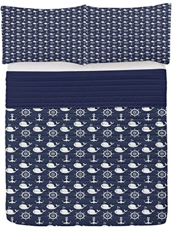 ABAKUHAUS Navy blau Mikrofaser Tagesdecken Set, Maritime Anchor Wal, weiches Bettwäscheset mit Kissenbezügen und Steppdecke, 220 cm x 220 cm, Marine Blau Weiß