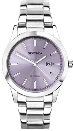 SEKONDA Taylor Ladies 34mm Quartz Watch in Lilac with Analogue Date Display, and Silver Stainless Steel Strap 40400