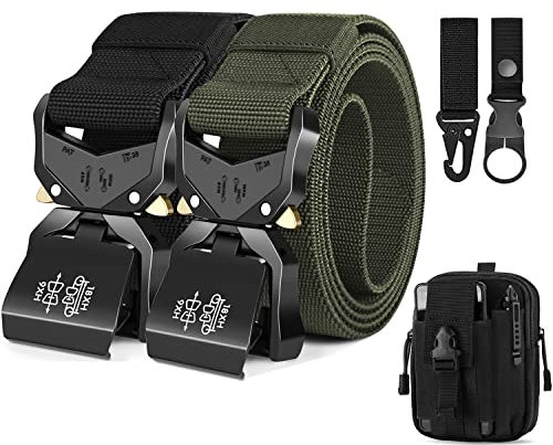 Leskyair 2PCS Men Tactical Belt, Military Work Belt Rigger 1.5 Nylon with Heavy Duty Quick Release Metal Buckle, Gift with Molle Pouch, Hook and Bottle Clip