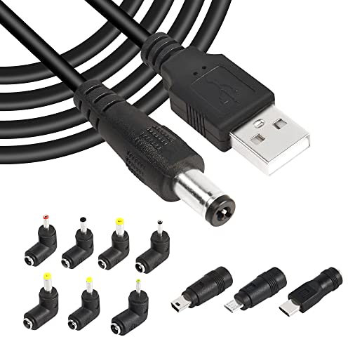 GINTOOYUN USB2.0 a DC Cable de alimentación USB2.0 a DC 5,5 mm x 2,1 mm 5 V Cable de Carga Universal con 10 Tipos de Conectores para teléfonos móviles,Altavoces,enrutadores,etc(60,2 Pulgadas)