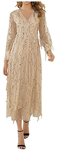Cocktailkleider Damen Hochzeitskleid Frauen Festliches Kleid Glänzend Pailletten Elegant Lang Abend Party Ballkleid Brautjungfer V-Ausschnitt Split Maxikleid Brautkleid Spitzenkleid (Beige, XXL)