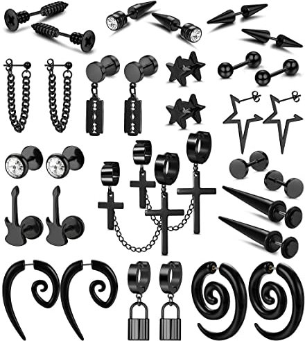 Morfetto Herren Ohrringe Edelstahl Ohrstecker Set für Männer - Emo Gothic Schmuck Kreuz Gitarre Schloss Schraube Hypoallergen Knorpel Creolen Ohrringe Schwarz für Männer Damen 16 Paar