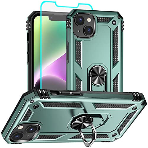 Aozuoton for iphone 14 Phone Case with HD Screen Protector, [Military Grade 16ft. Drop Tested] Ring Shockproof Protective Phone Case for iphone 14,Dark Green