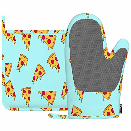 Mxocom Pizza Slice Heat-Resistant Oven Mitts and Pot Holder Kitchen Non-Slip Cooking Microwave Gloves for Cooking Baking Grilling