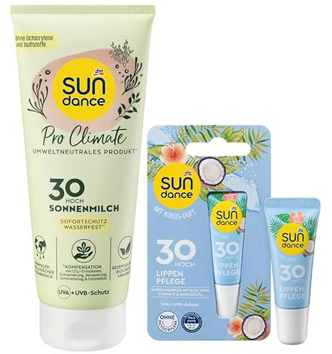 SUNDANCE 2er-Set Sonnenschutz: Sonnencreme GEL SPORT extra wasserfest & schweißresistent, schnell einziehend, LSF 30, (150 ml) + Lippenpflege KOKOS LSF 30 (10 ml), 160 ml