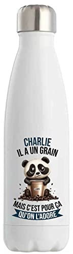 Bouteille Isotherme Charlie Panda Café | Idée Gourde Cadeau Travail Métier Thermos Sport Humour Collègue Homme Anniversaire Noël