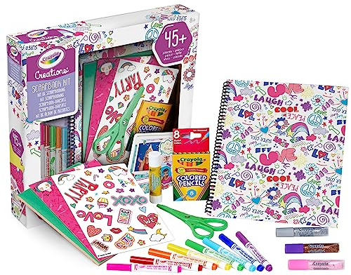 CRAYOLA - Creation 04-0944 - Create Your Own Scrapbook Album Set, DIY Creative Activity Gift for Girls and Girls from 8 Years | 45 pièces, 20 pages, 2 feuilles d'autocollants, Creations, Créer ton album scrapbook, Contenu riche, plus de 45 pièces
