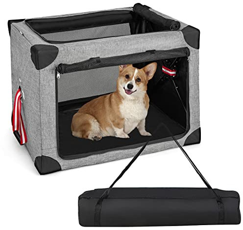 COSTWAY Folding Dog Carrier, 3-Door Mesh Cat Crate Puppy Cage with Carry Bag and Removable Mat, Portable Washable Pet Travel Bag for Indoor Outdoor (L)