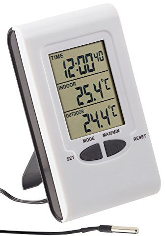 PEARL Thermometer mit Uhrzeit: Digitales Innen- und Außen-Thermometer mit Versandrückläufer (Außentemperatur, mit Kabelfühler, Kühlschrank Alarm)