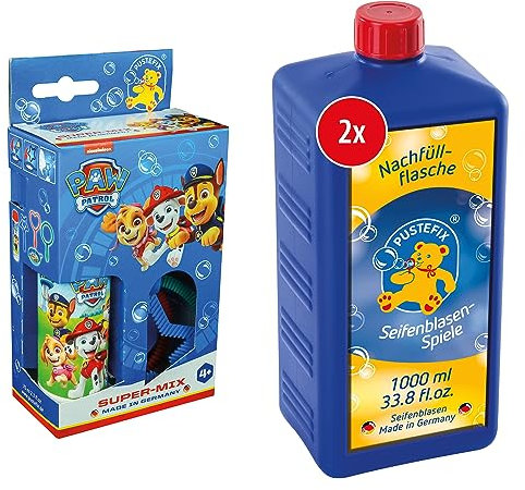 PUSTEFIX Mini-Mix PAW Patrol 70ml I Seifenblasen Set I Seifenblasen Kinder Set mit Herz-, Kreis-, Stern-Blasring + 2X Seifenblasen Nachfüllflasche Maxi 1L