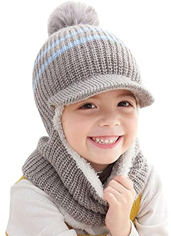 Qersh Schalmütze Kinder Mädchen Jungen Winter Wintermütze Mützenschal Baby Mütze Mit Bommel Fellmütze für 2-7 Jahre Alt (S204)