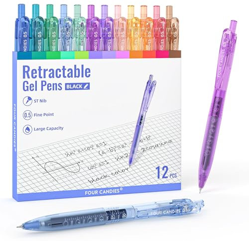 Four Candies 12 Stück 0,5 mm schwarze Tinte, schnell trocknendes, einziehbares Gelstift-Set, niedliche, transparente Pastell Gelstifte mit feiner, Schreiben, Schule, Büro (schwarz)
