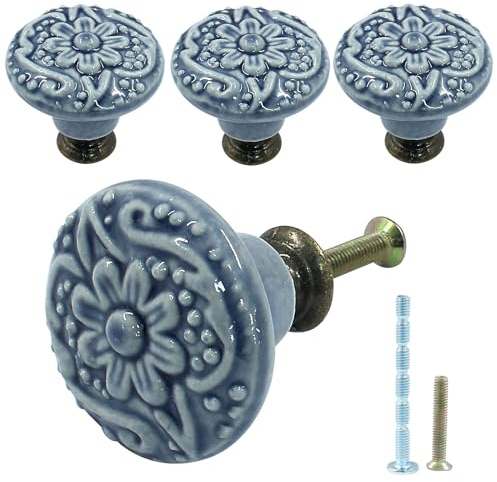 Piutouyar Blaue Keramikknäufe, Küchenschrankknäufe, Retro-Kommodenknöpfe, Schubladenknöpfe, Möbelknöpfe und Griffe für Schubladen, Kommoden, Schrank, 34 mm Durchmesser, 4 Stück