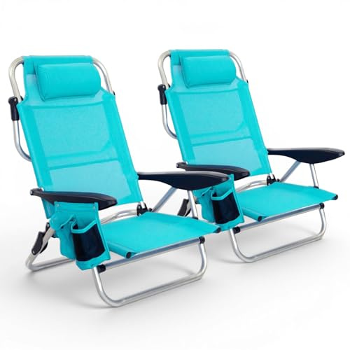 Pincho Sillas Playa, Silla Playa Plegable Ligera, Beach Chair, Camping con 4 Posiciones, Aluminio Ligero, Textilene Transpirable, Bolsillo para Bebida y Móvil - 110 kg, 72,5x62,5x10 cm