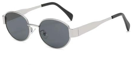 WDZAYXC Retro oval Metall modische Sonnenbrille für Damen Herren, UV-Schutz(Silber/Schwarz)