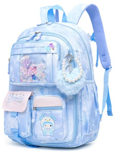 Alrisg Schöner Mädchen-Rucksack, Schultasche für Schüler, Kinder, Büchertasche mit mehreren Taschen, spritzwassergeschützter Kinderrucksack, Blau, 17in, Tagesrucksäcke