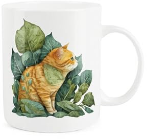 Ginger Cat Mug - Green Leaves Pet Gift for Cat Lovers - Tea/Coffee Bone China Cup Present