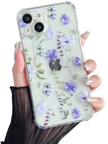 DEFBSC Case for iPhone 14, Cute Clear Floral Flower Pattern Design for Girls Women Slim Fit Shockproof Soft TPU Bumper Protective Cover - Purple