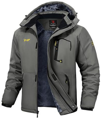 Rdruko Skijacke Herren Warme Winterjacke Gefüttert Verdickt Softshelljacke Wasserdicht Snowboardjacke Atmungsaktiv Funktionsjacke mit Abtrennbarer Kapuze(Mittelgrau, S)