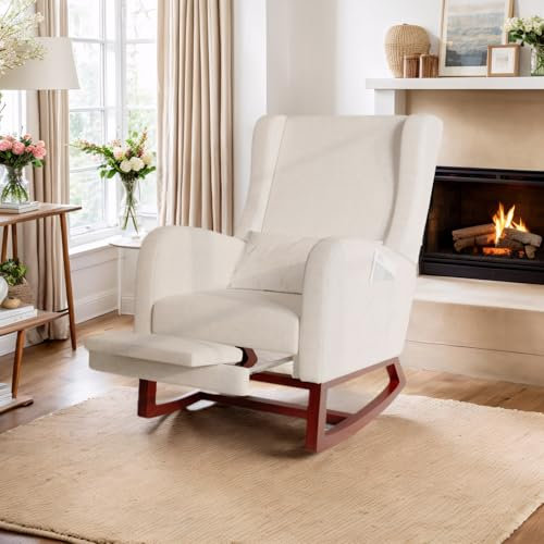 jeerbly Schaukelstuhl, Gepolsterter Stillsessel mit verstellbare Fußstütze, Lendenkissen, Rückenlehne & Armlehne, Schwingsessel Relaxstuhl für Wohnzimmer Schlafzimmer, Beige, 67 x 64 x 99 cm