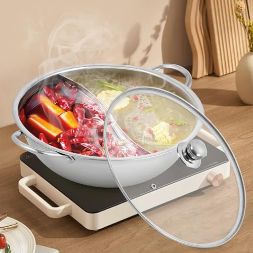 WindWilder Edelstahl Hot Pot mit Deckel und Handle 28cm/34cm, Shabu Shabu Topf mit Glasdeckel, Kochtopf-Set für Induktion Herd Gasherd, Silber (34cm)