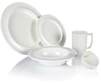 Dementia Friendly Unbreakable Dining Place Set - 18cm Plate, 25cm Plate, Desert/Soup Bowl and an Unbreakable Mug with Feeding Lid. (Ivory)