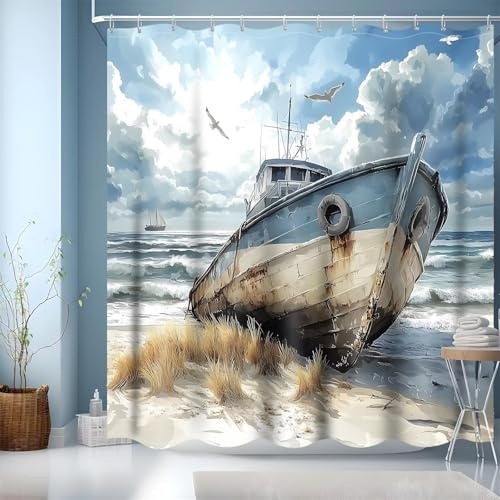 Duschvorhang 300 x 180 cm Strand Boot Beschwerter Saum Textil, Wasserabweisend, Waschbar Polyester Stoff Badevorhänge mit Ösen und 12 Duschvorhangringe für Badezimmer, Badewanne Dekoration X-371