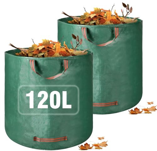 Lot de 2 sacs à déchets de jardin très résistants, réutilisables de 120 l avec poignées, grand sac poubelle vert pour déchets de cour, débris, herbe, boutures, collecte de feuilles