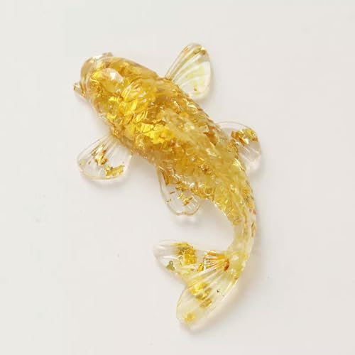 Statua di Pesce in Resina con Gocce di Colla di Quarzo citrino Naturale e Ghiaia