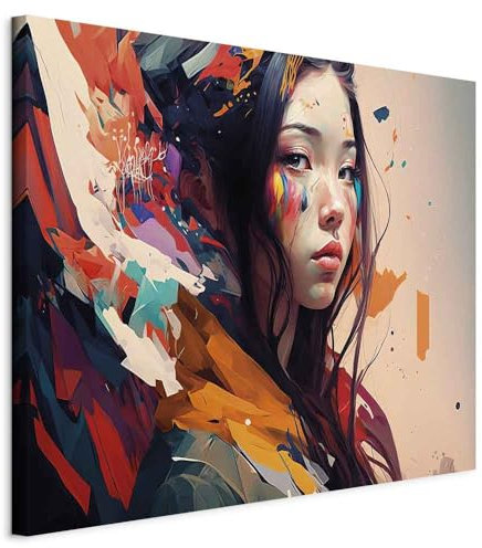 B&D XXL - Tableau décoratif moderne 120x80 cm - Impression sur toile - Décoration murale - Portrait abstrait - Peinture éclaboussée - Visage stylisé en éclats de couleur h-B-12042-b-a