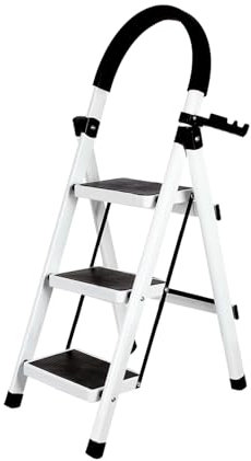 Escabeau 3 Marches, Pliable en Acier Solide et Stable - Marche Pied Pliable, Charge 150 kg - Plateforme de Travail, Antidérapante et Confortable 104 x 57 x 41,5 cm - 3 marches (Blanc)