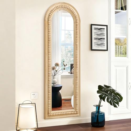 MWAZZLL Wood Framed Mirror Full Length with Beaded Arched Large Decorative Floor Mirrors 120x40cm for Bedroom Living Room Entryway Bathroom Hallway