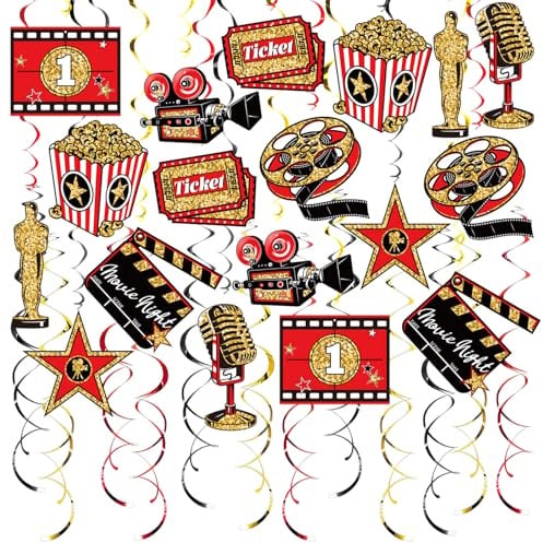 Vsosfiza 48er-Set Kinoabend Girlanden - Hollywood Deko mit Popcorn, Mikrofon, Filmrolle in Rot, Schwarz, Gold