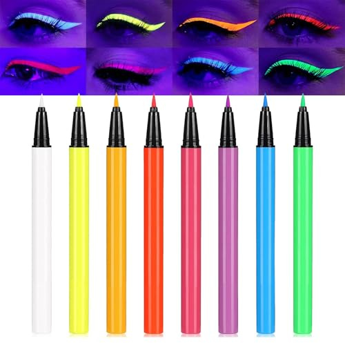 UV Eyeliner Set, 8 Farben Flüssiger Eyeliner Wasserfest, Bunt Glühender Kajalstift, Wischfest & Langanhaltend Kajal Stift, Halloween Festival Augen Make Up Set, Hohe Farbwiedergabe, Einfache Anwendung