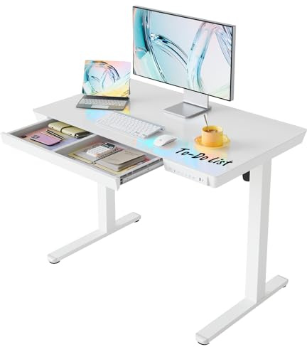 HUANUO ONE PIECE Standing Desk with Drawer, 100x60cm, White Glass | Glass or Wood Top, USB-A/C Charging, Pull-out Drawer, 3 Memory Heights, 72-118cm Range, 50k Lift Cycles, Easy Assembly.