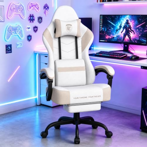 Verdego Silla Gaming, Silla Gamer Ergonómica con Masajeador Cojín Lumbar, Reposapiés Retractable y Reposacabezas, Tela Tipo Piel, Reclinable 90-135°, Altura Regulable, Sillas Gaming, Beige Caqui