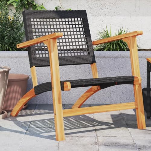 JHQHSM Gartenstühle 2 STK. Schwarz Poly Rattan und Akazienholz mit Metallgestell, Wetterbeständige PE Rattan Sitzschale, Bequeme Lounge Sessel für Terrasse und Balkon, Maximale