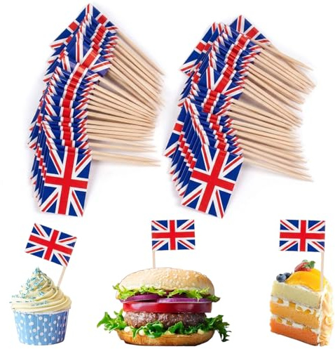 HOMAVEL Union Jack Cocktail Sticks 100 Pack - Great Britain Flag Cake Picks - British Patriotic Food Toppers for Baking, Party Buffets, Sandwiches, Cupcakes - UK for Street Parties, Royal Celebrations