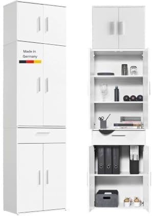 mokebo Mehrzweckschrank deckenhoch Büroschrank (230x60 cm) 'Der Extralange' Made in Germany aus Holz extra hoch mit 8 Türen Aktenschrank Schuhschrank Flurschrank Weiß